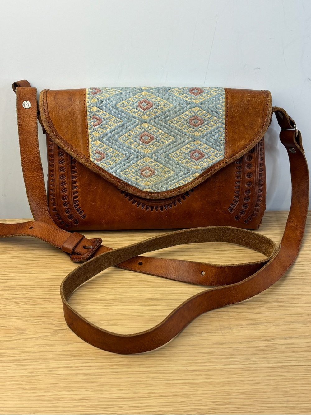 Vintage Boho Durable Leather Crossbody Bag with Woven Tapestry Flap